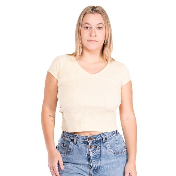 Vintage 90s Sunshine Yellow Cropped Ribbed Tee - Picture 1 of 9